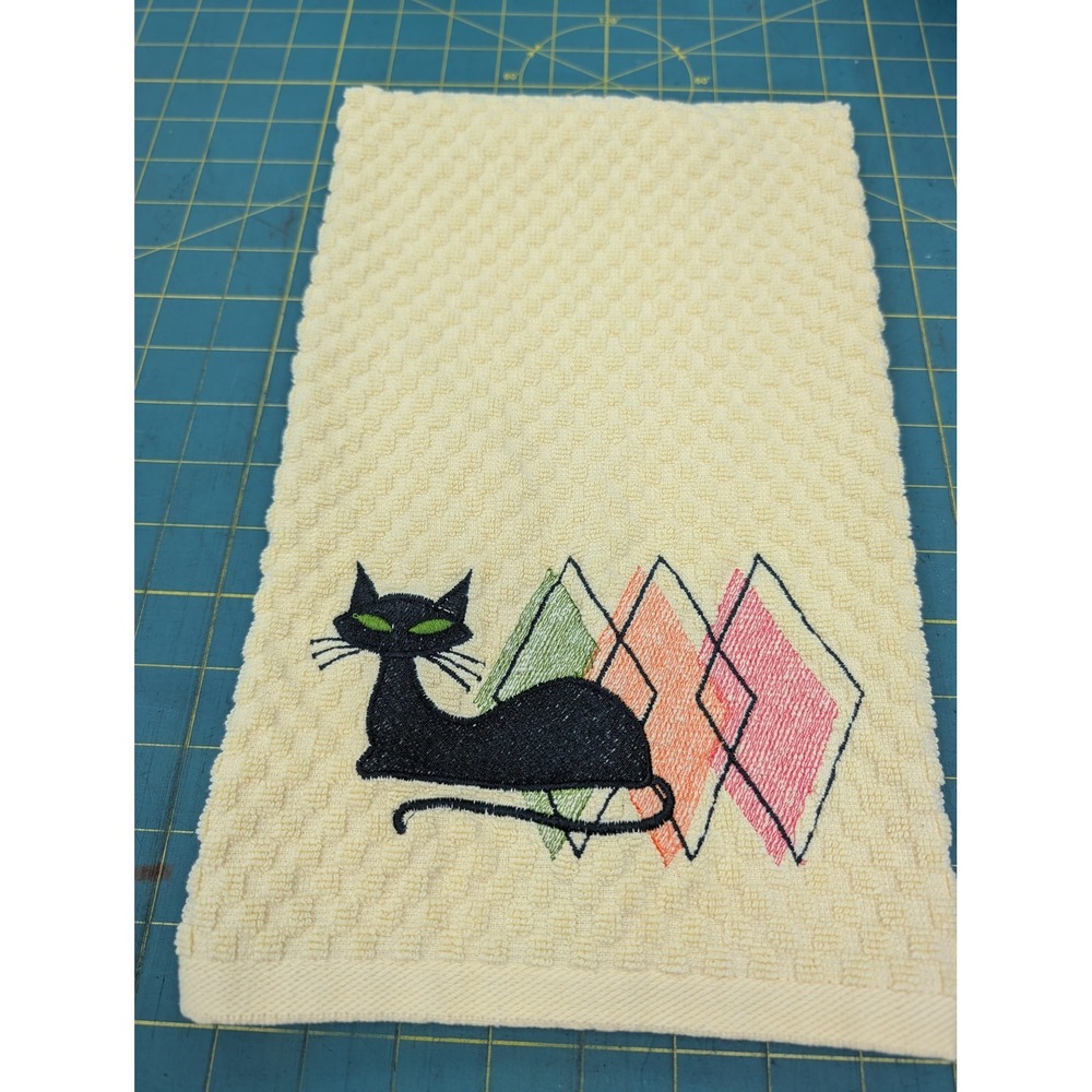Retro Mid Century Modern Embroidered Atomic Cat Kitchen Bar Hand Towel